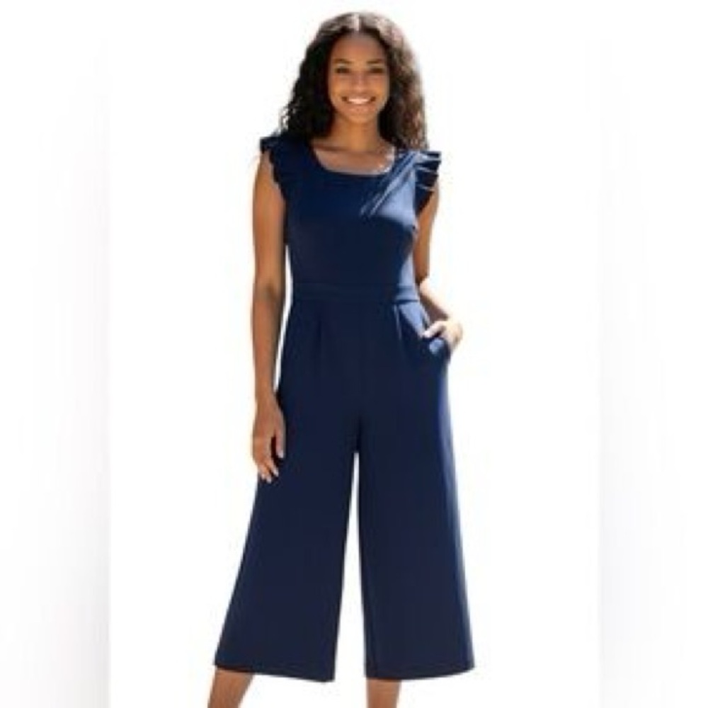 ELLE Ruffle Wide Leg Cropped Jumpsuit – Medium – Navy